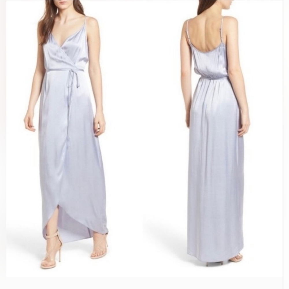 Wayf Teagan Satin Wrap Maxi Dress Ice Blue